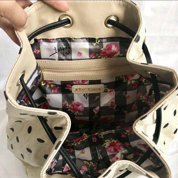 New Betsey Johnson Cream Polka Dot Bag with Cherry Draw String Backpack - Picture 6 of 7